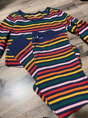 Old Navy Women’s Rainbow Striped Pajama Set - Navy Trim top is Med and Bottom L